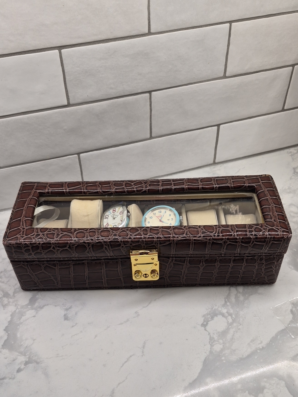 Brown Croc-Embossed Faux Leather Watch Storage Case